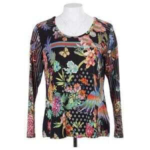 Johnny Was Dreamer Tee Top Size S Floral Bird Print Stretch Long Sleeve Casual